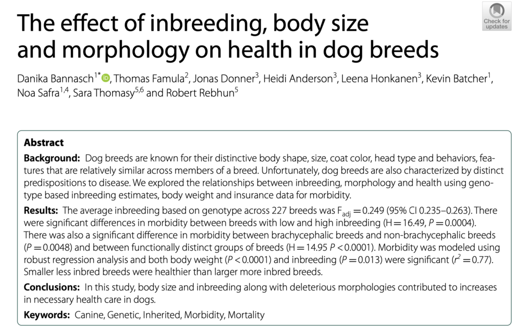 The effect of inbreeding, body size and morphology on health in dog breedsby Danika Bannasch